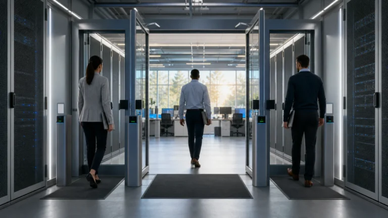 Authorized teams entering through opened secure doors after a controlled model review.