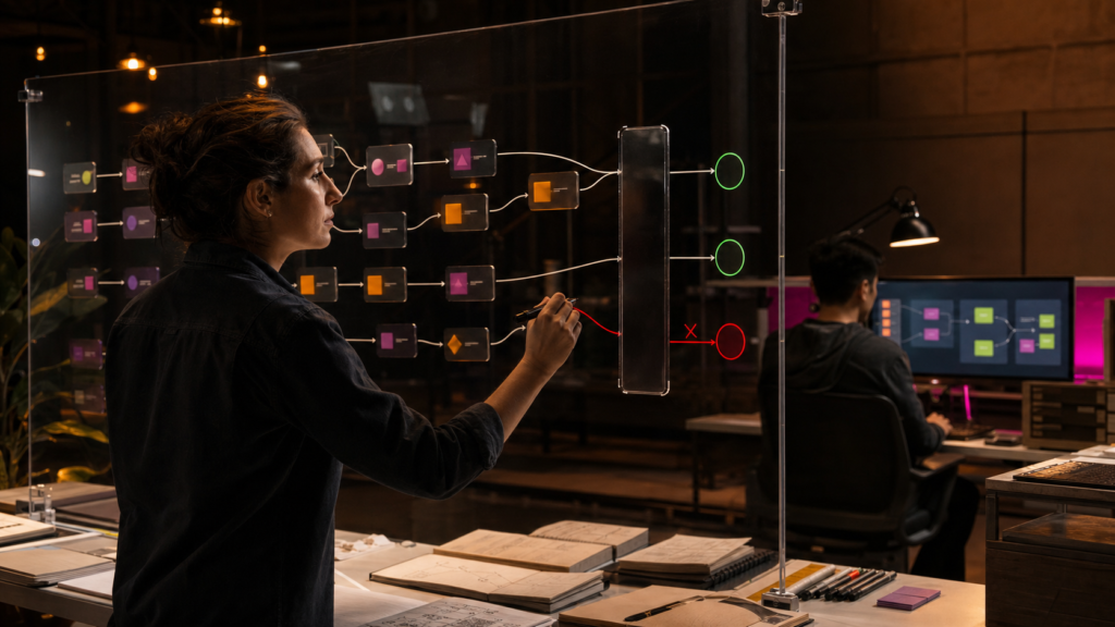 AI quality engineer tracing three agent runs through a release threshold and isolating a failed path