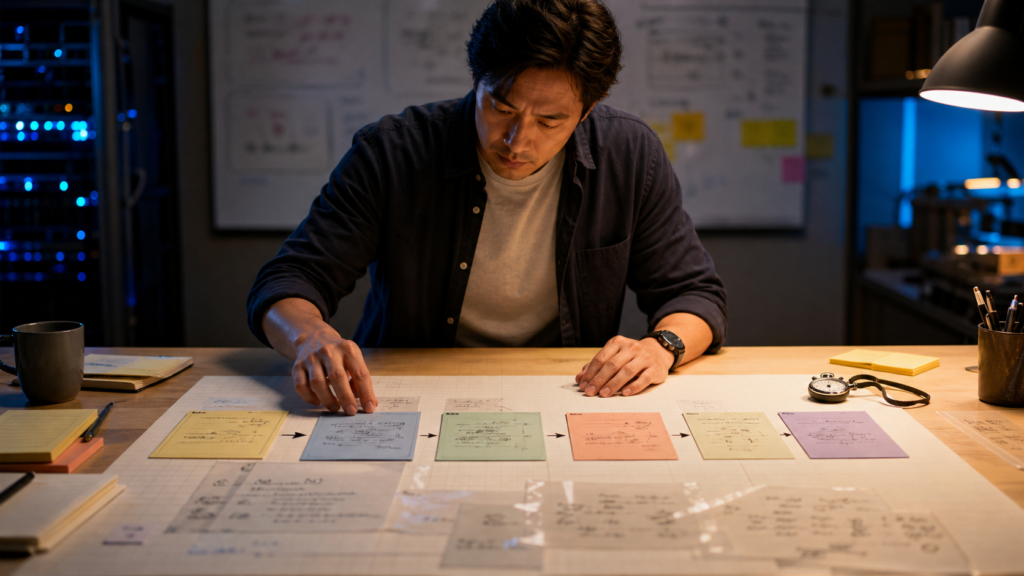 Engineer reviewing a physical sequence of AI agent test scenarios before deployment.