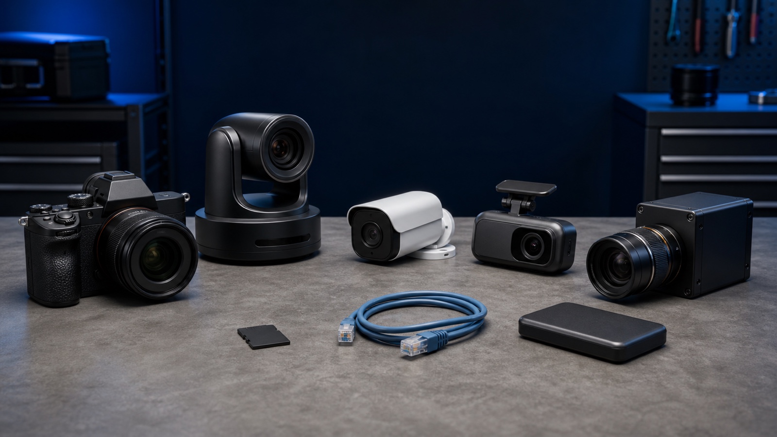 Unbranded creator, PTZ, security and machine-vision cameras on a systems integration workbench