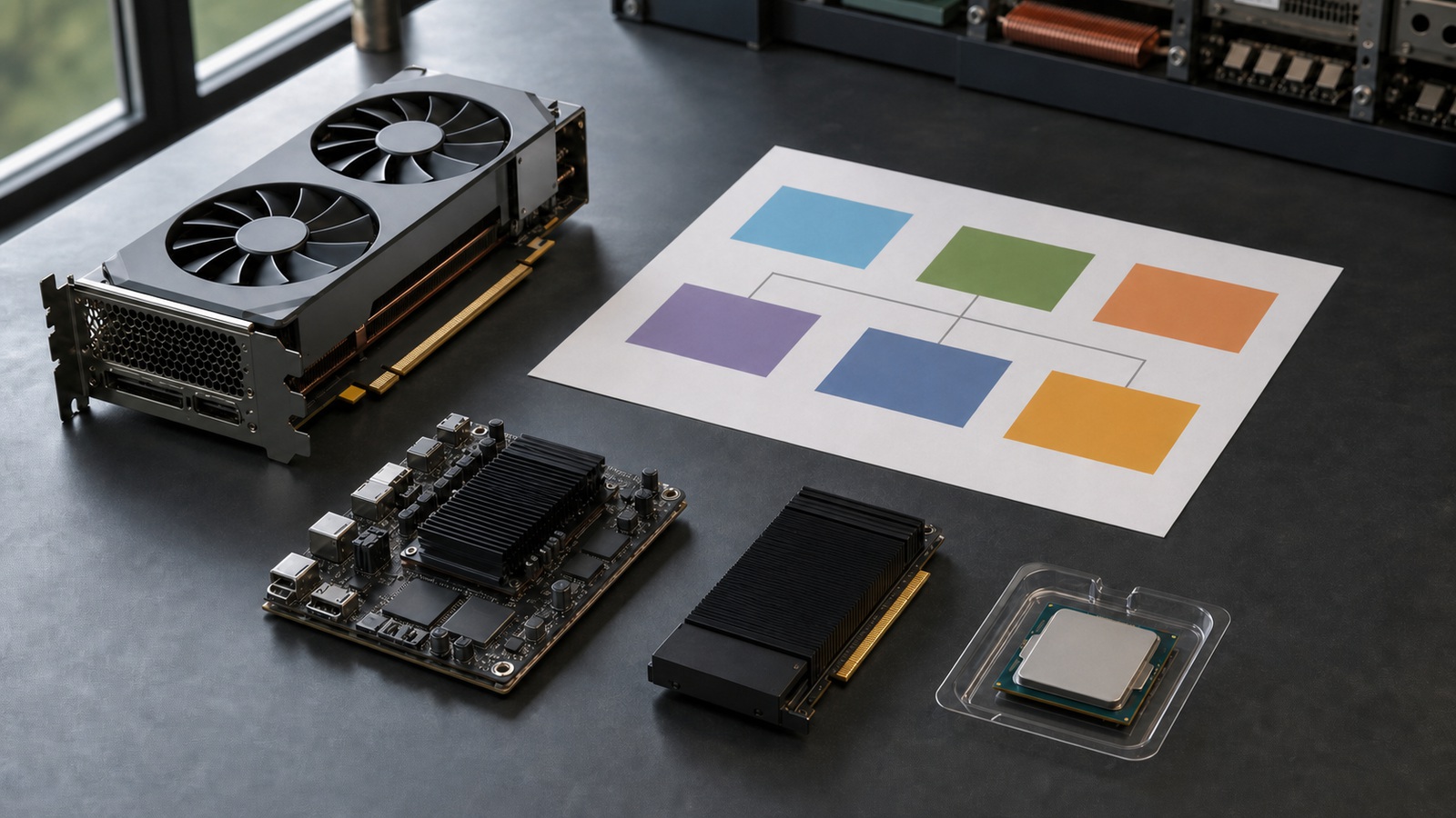 Workload planning table beside distinct CPU, GPU, NPU, FPGA and edge-system hardware forms