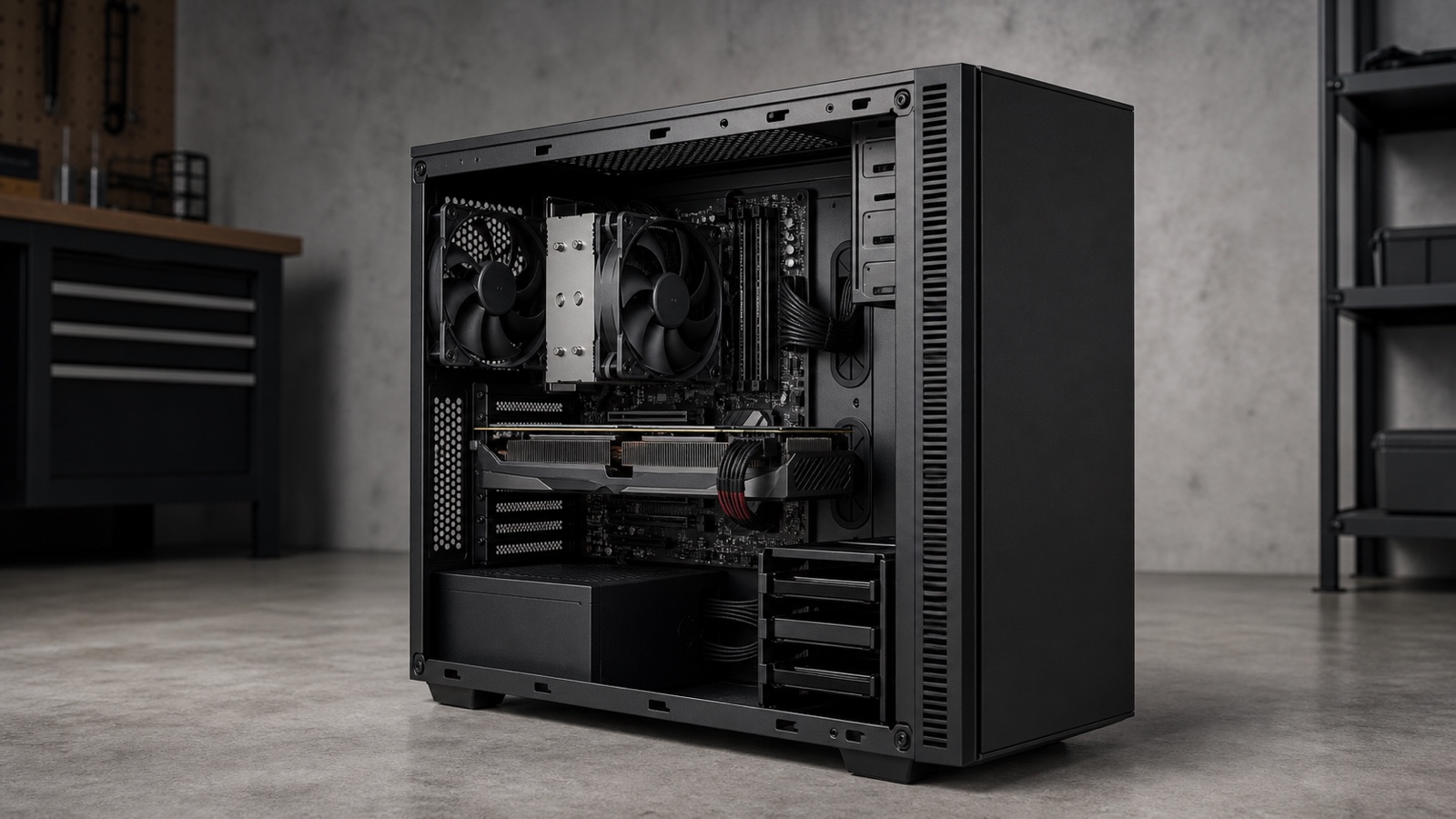 Open unbranded desktop tower showing graphics card, cooling, power supply and expansion space