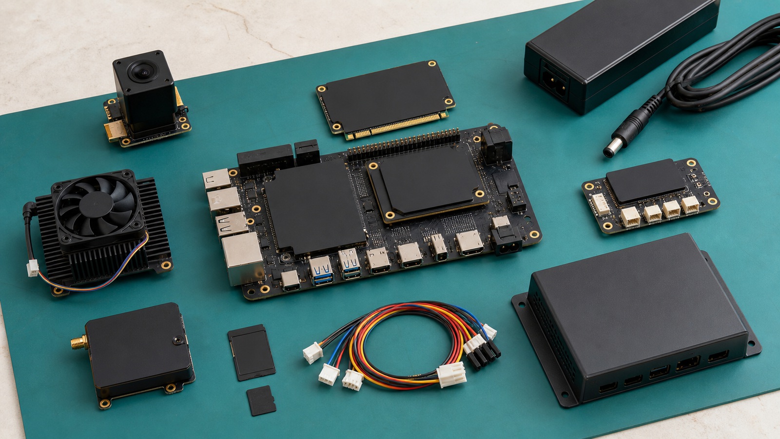 Unbranded edge development module and carrier board on an integration bench with camera, radio and power interfaces