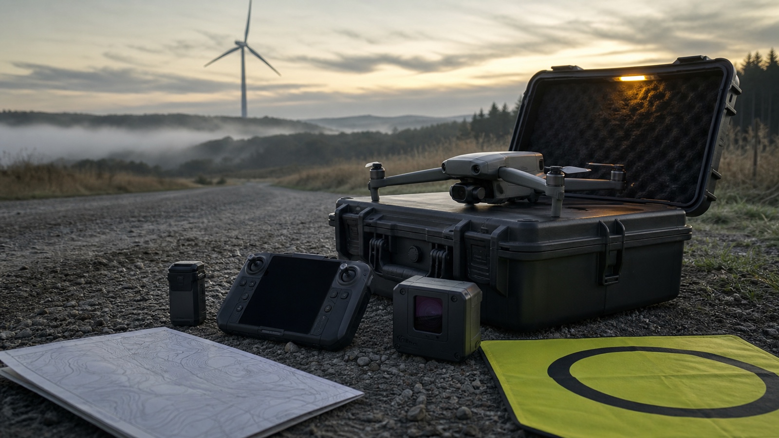Unbranded inspection drone on a field case beside payload, controller and airspace planning notes