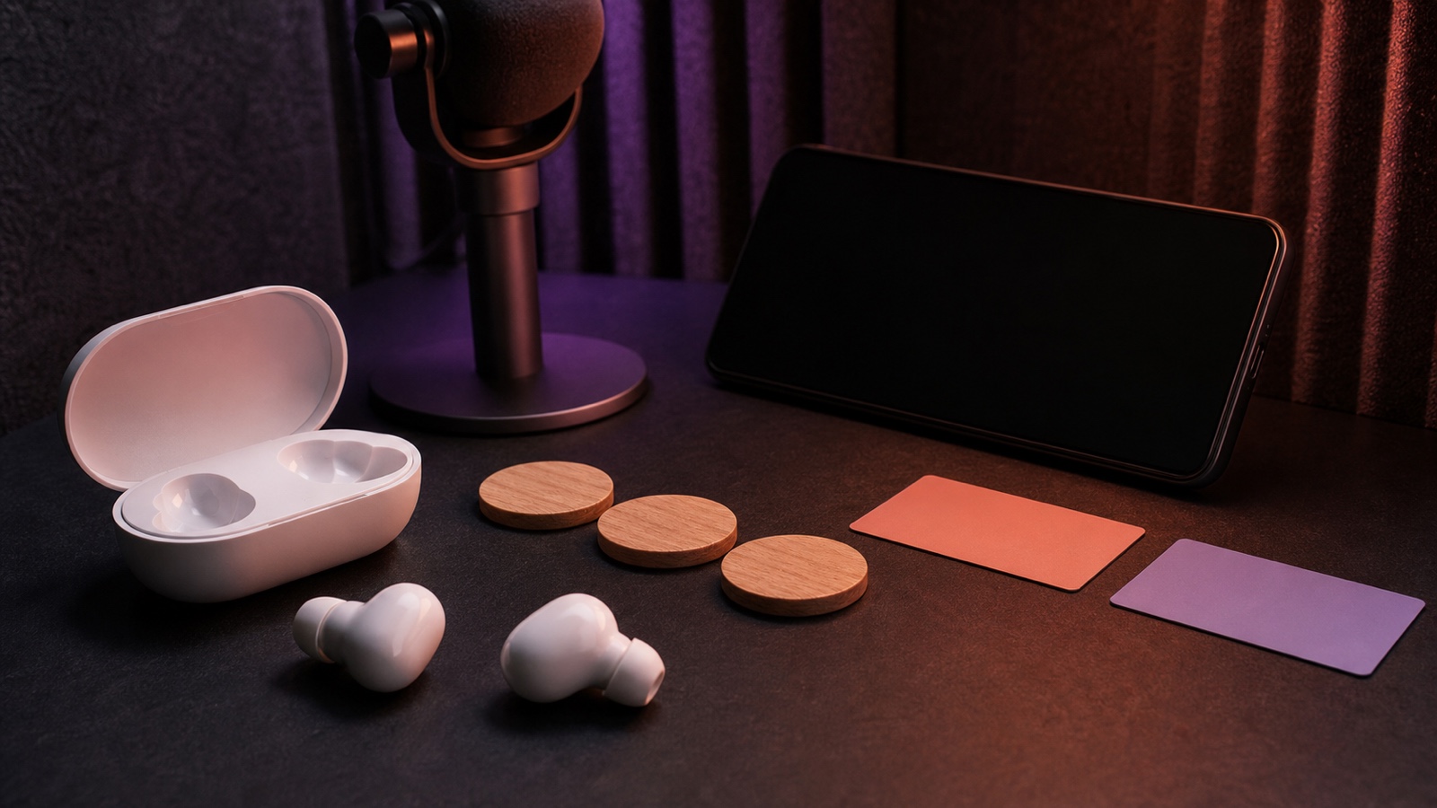 Unbranded wireless earbuds and paired phone arranged around a language and connectivity checklist
