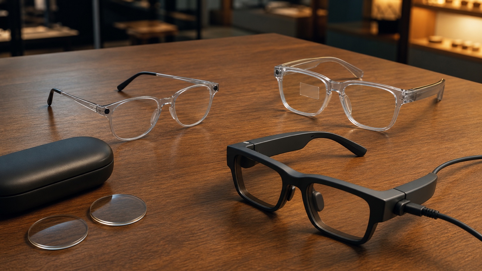 Three unbranded smart-glasses design classes on an optician worktable with a blank prescription card