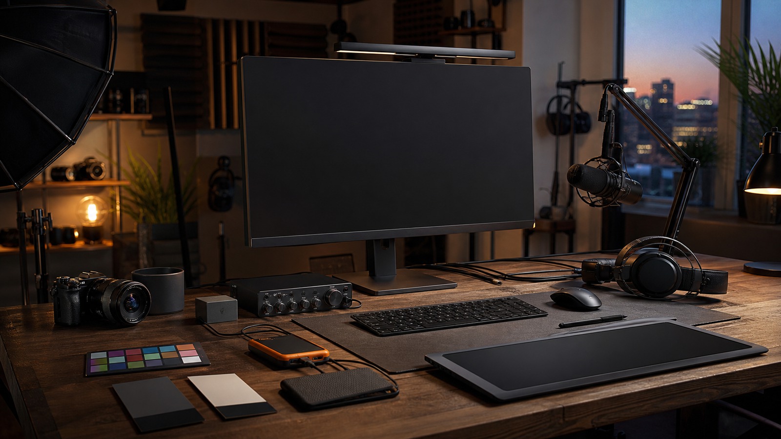 Creator workstation with camera, audio interface, drawing tablet, storage and an unbranded computer