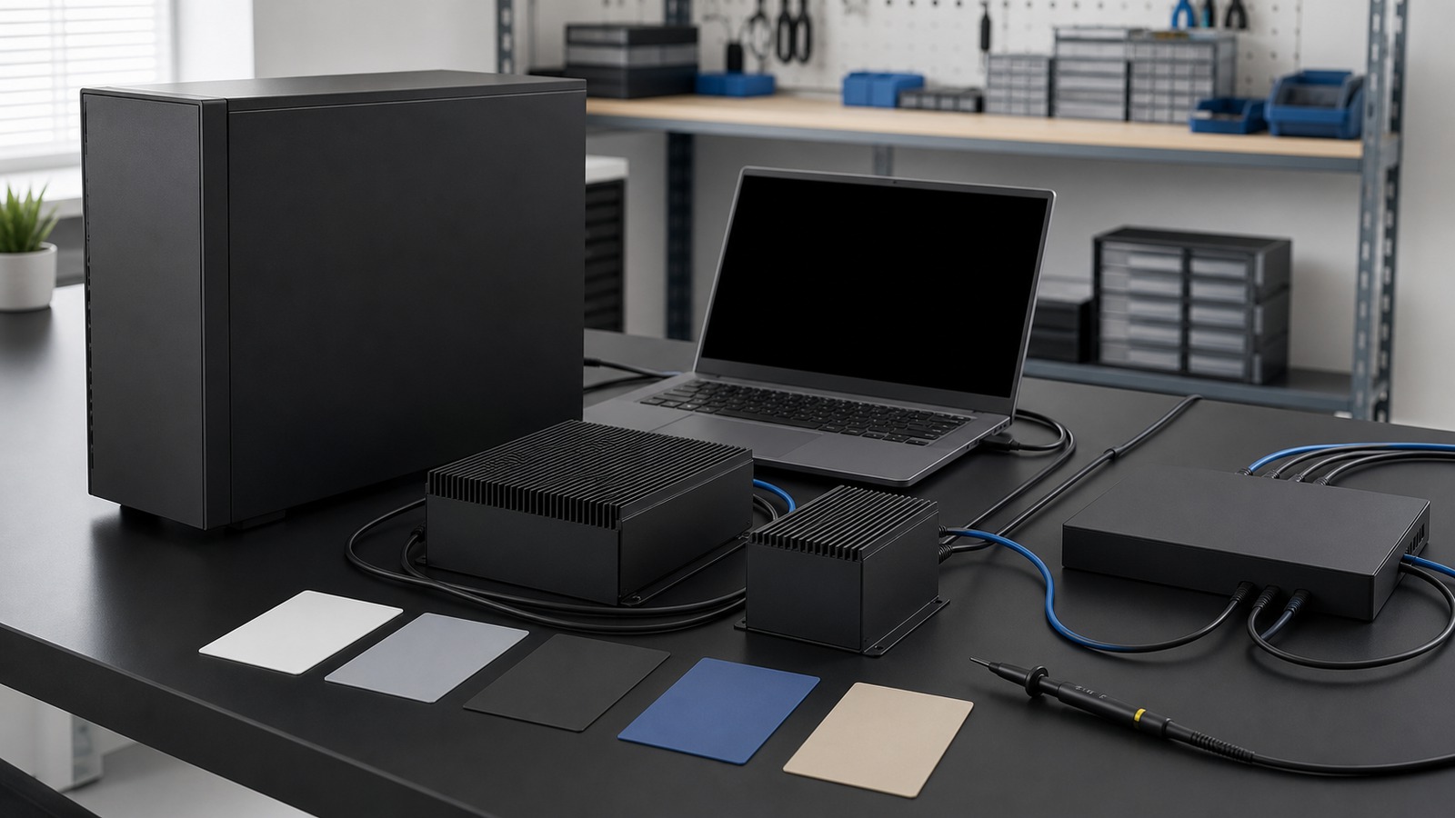 Unbranded development workstation beside test devices, a container diagram and profiling notes