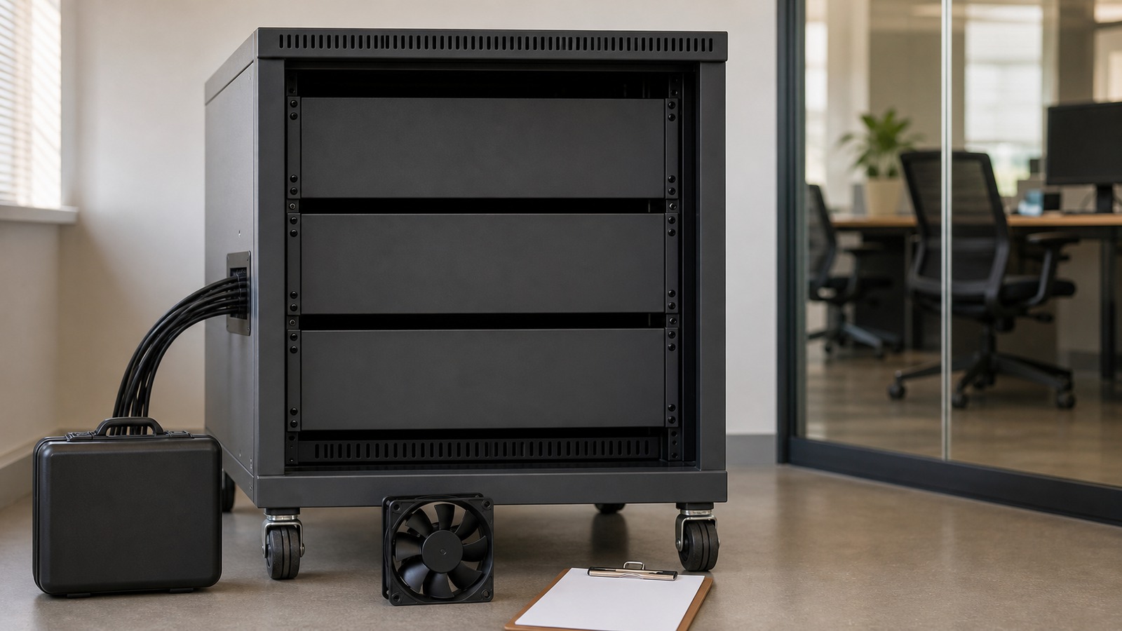 Small office local AI server cabinet with backup drive, network switch and maintenance clipboard