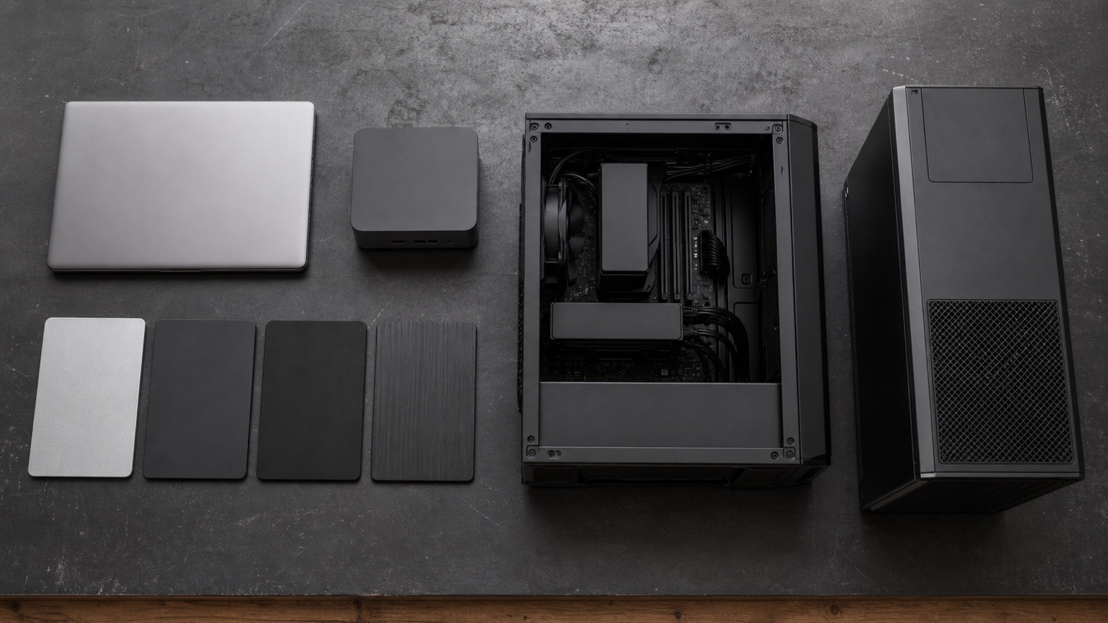 Laptop, compact PC, desktop tower and professional workstation arranged for a hardware buying decision