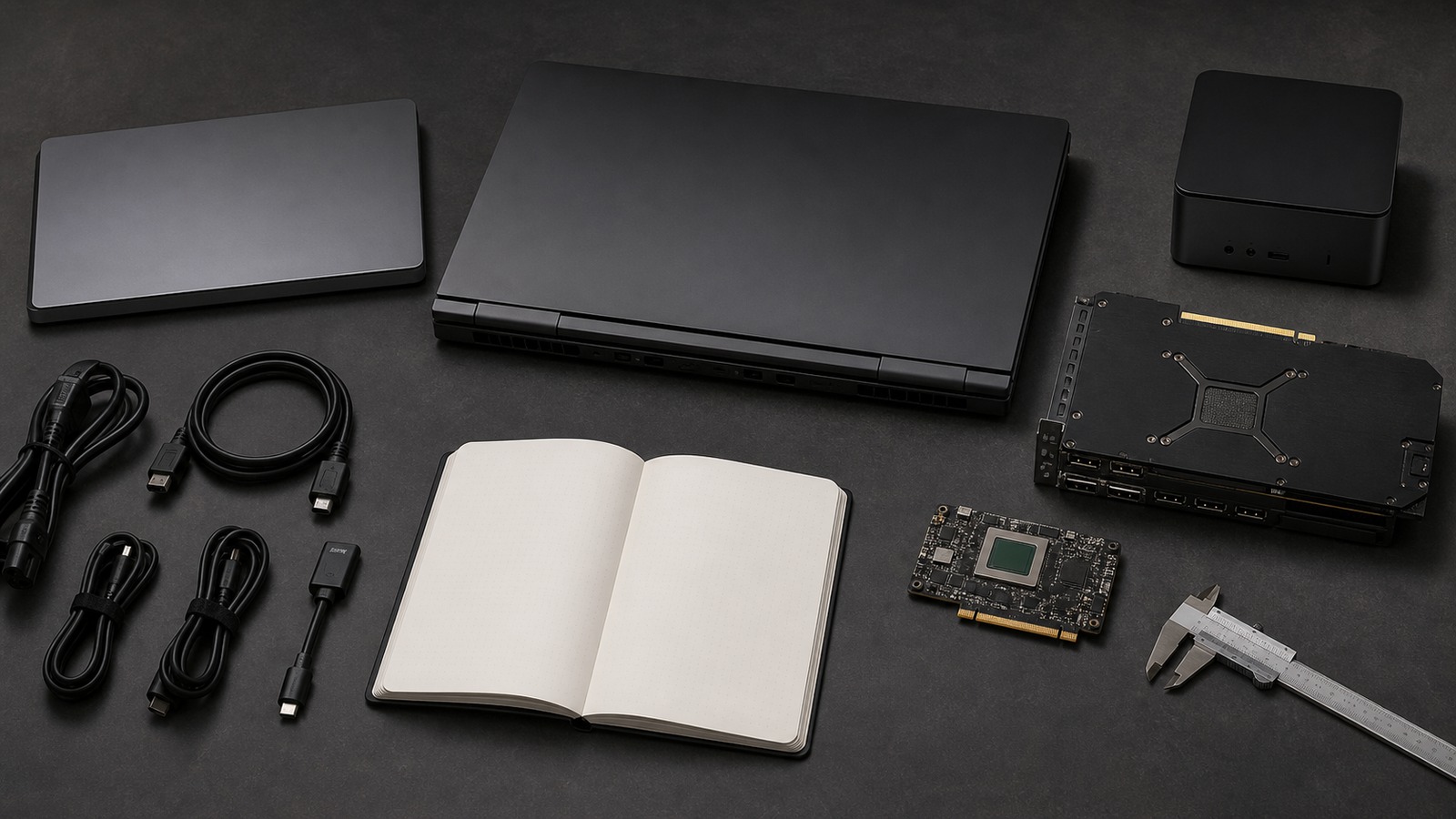 Unbranded laptops, mini PC, graphics card and accelerator board arranged for a measured hardware comparison