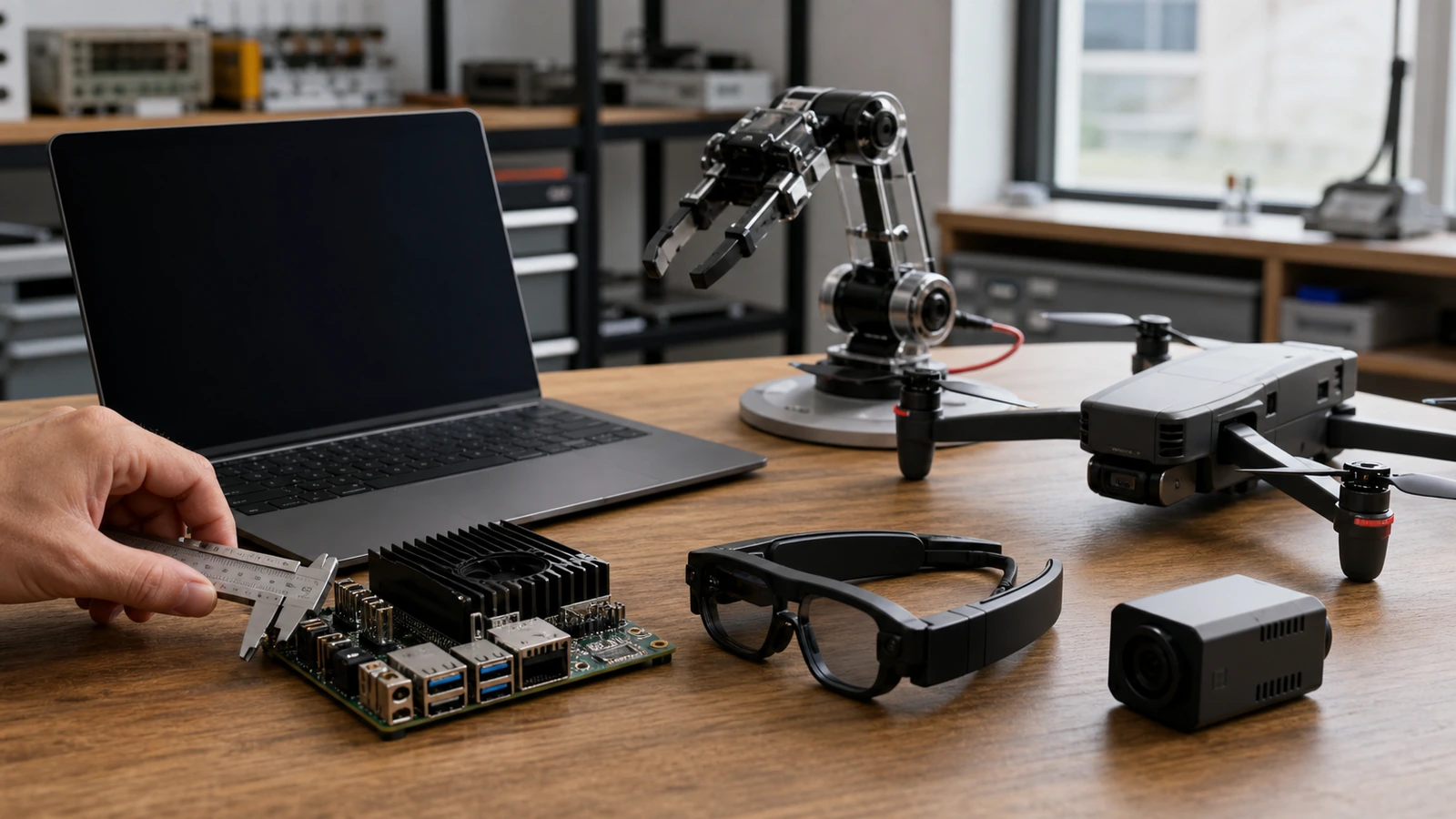 AI hardware lab with an edge-compute board, laptop, robotic gripper, smart glasses, drone, and camera