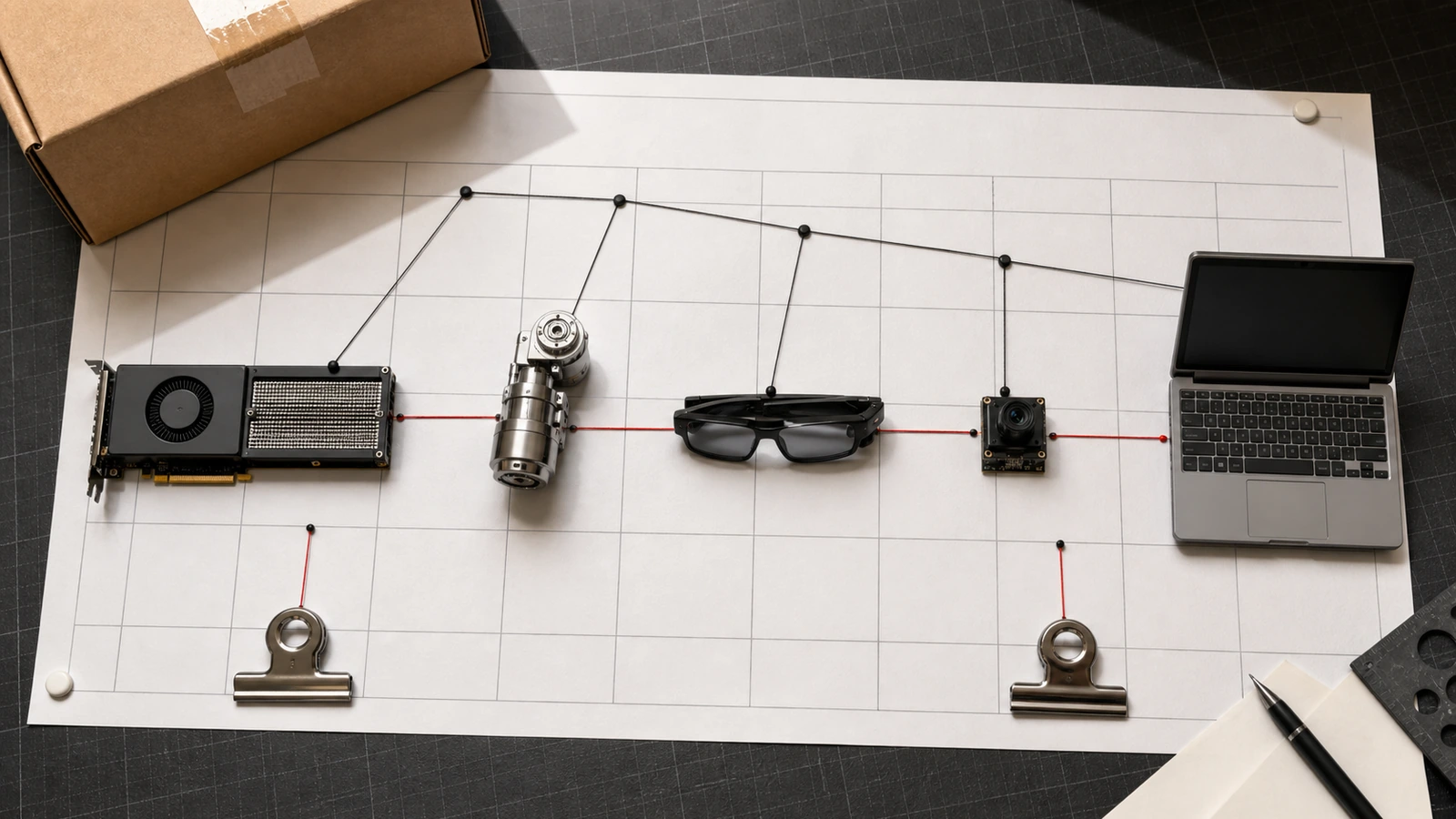 Physical release-planning calendar linking an accelerator, actuator, smart glasses, camera module, and laptop