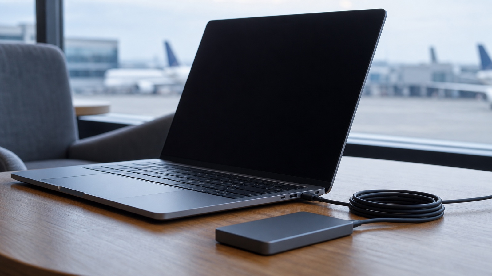 Unbranded laptop open beside a portable SSD and coiled cable on an airport lounge desk