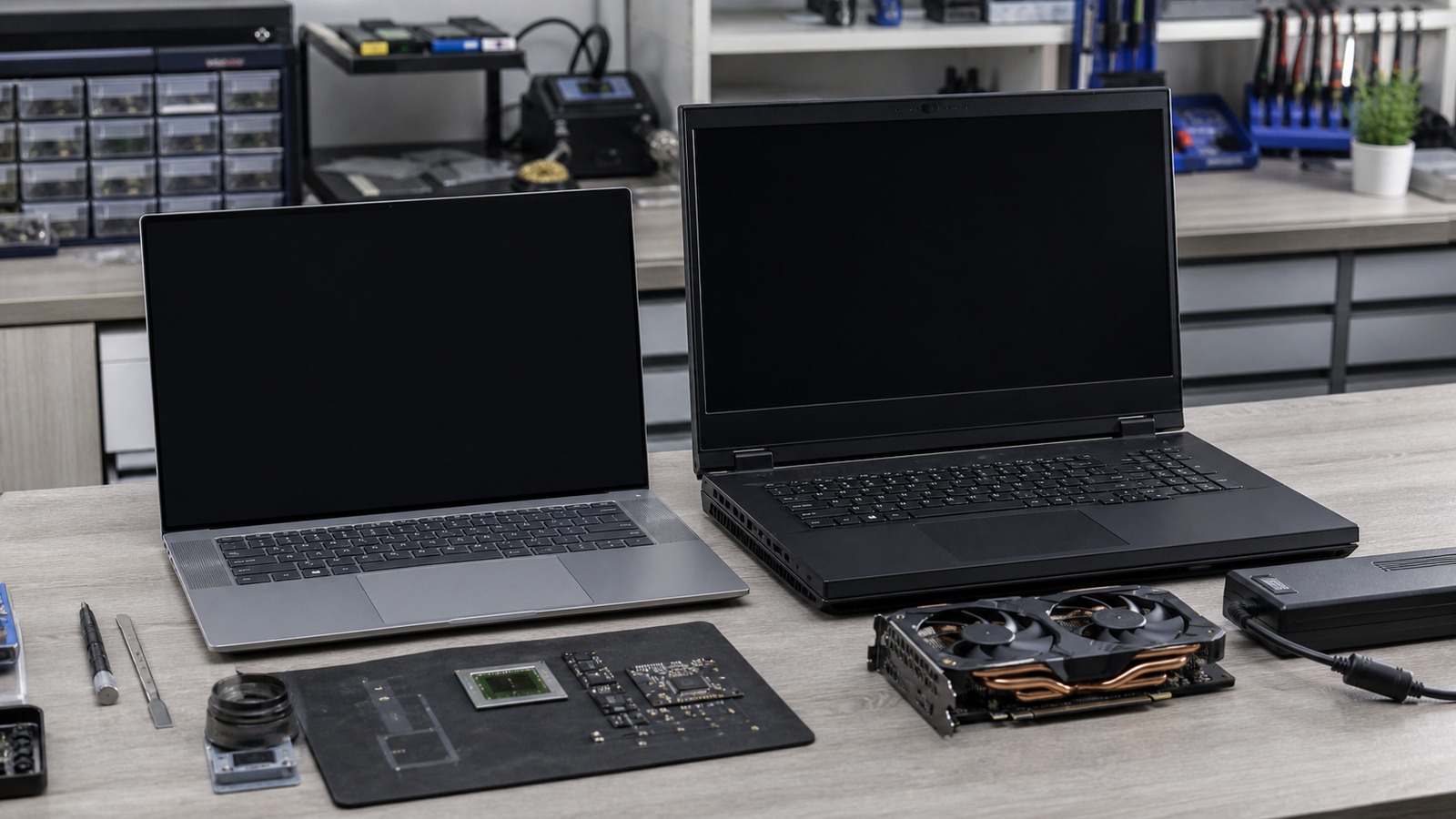 Thin AI laptop and thicker gaming laptop compared beside discrete graphics and processor components