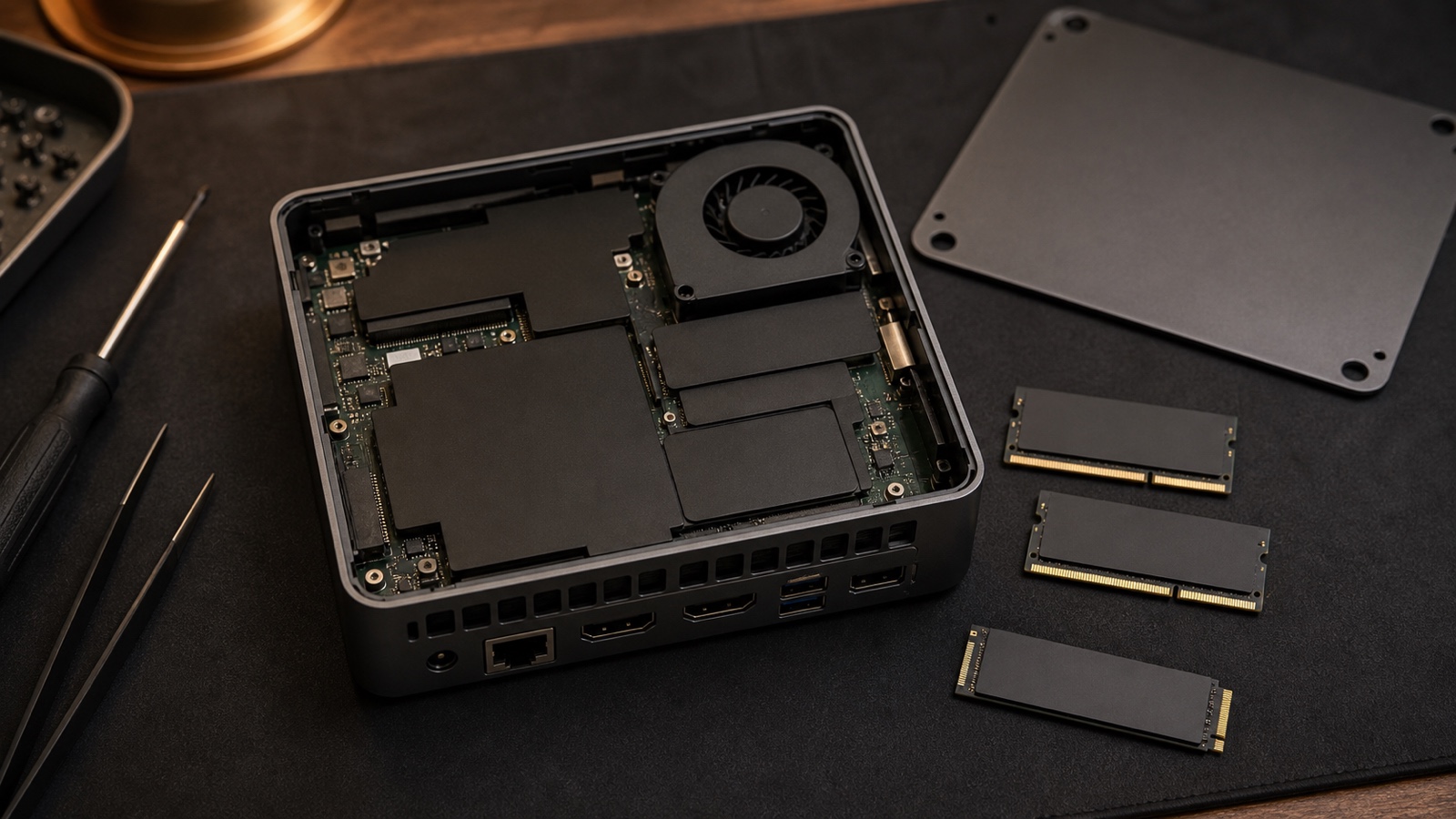 Unbranded mini PC with visible rear ports, removable cover, memory and storage components