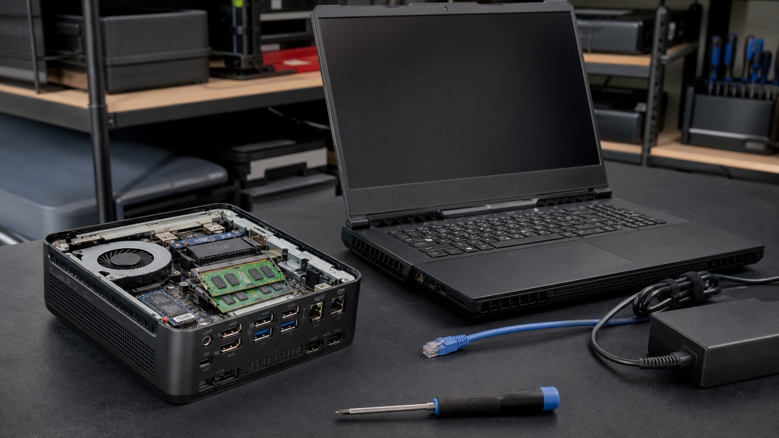 Open compact mini PC and gaming laptop compared on a hardware service bench