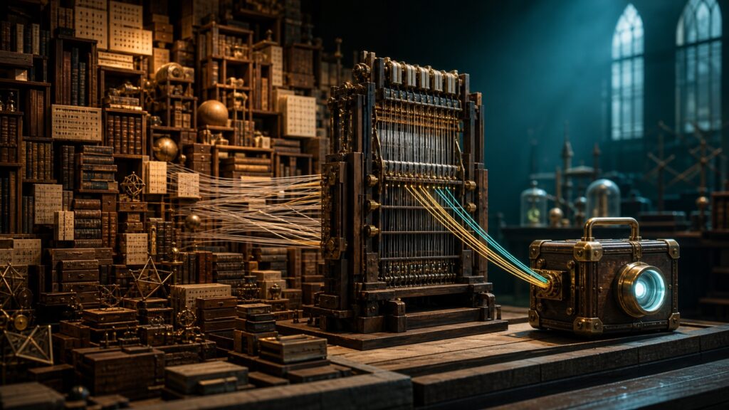 Mechanical loom selecting threads from a vast archive and weaving them into a compact field instrument, representing AI model distillation.