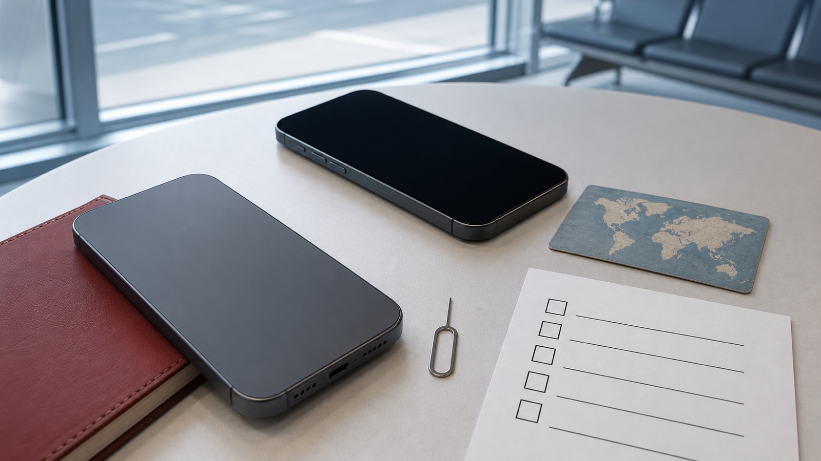Unbranded smartphone beside a paper checklist for device, account, region and connectivity requirements