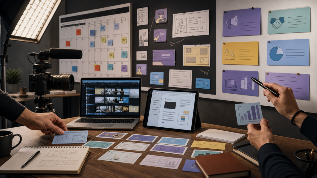 AI sponsorship planning desk with creator campaign calendar and analytics cards