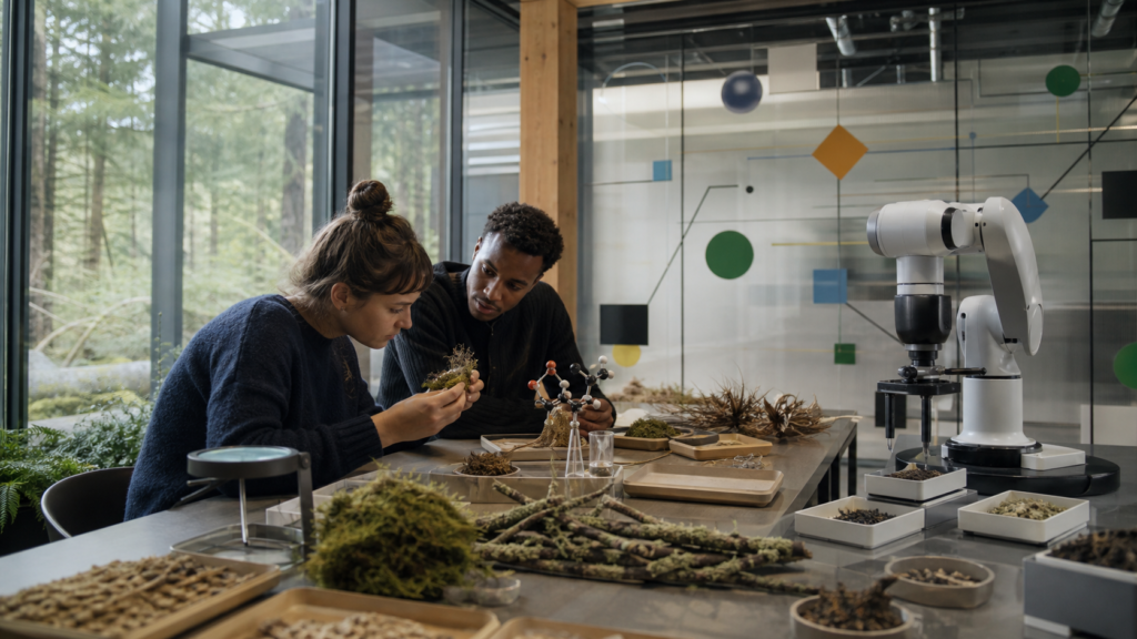 Researchers examine scientific samples beside an unbranded robotic arm