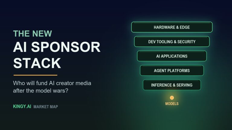 Diagram of the AI sponsor stack: five glowing layers — inference and serving, agent platforms, AI applications, dev tooling and security, hardware and edge — rising above a small point labeled models