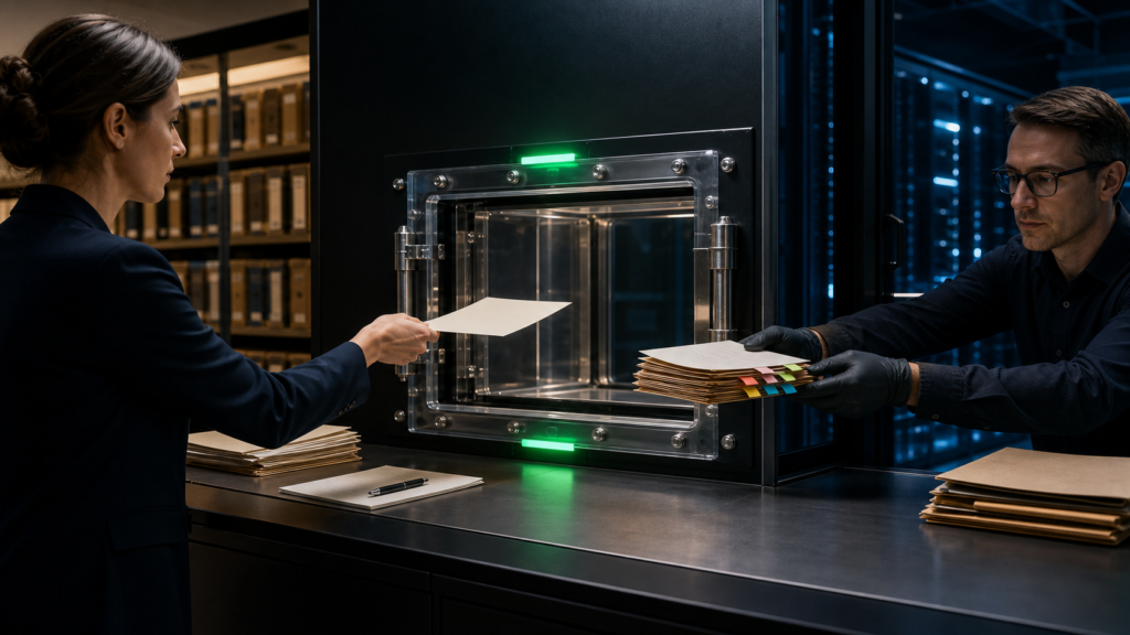 Researchers pass a request through a secure gateway and receive a tabbed packet of web source documents.