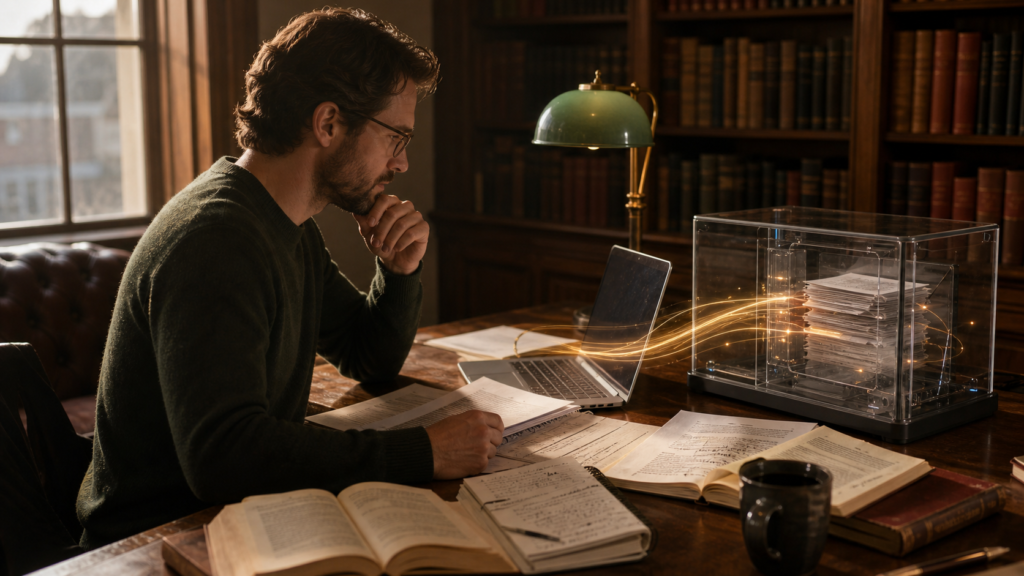 Researcher reviews PDFs and notes beside a sealed on-device evidence chamber