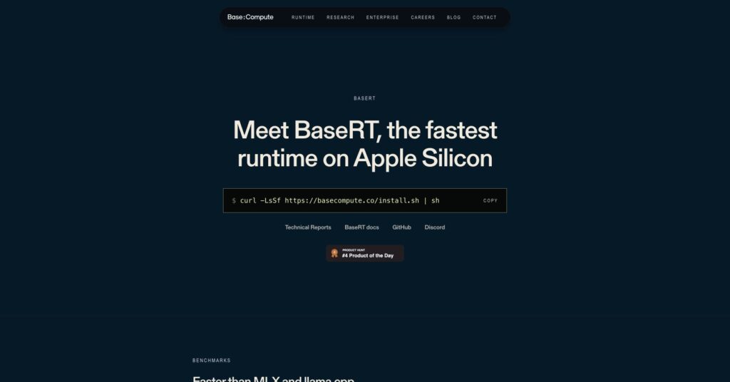 BaseRT official launch page showing its Apple Silicon runtime and one-command installer