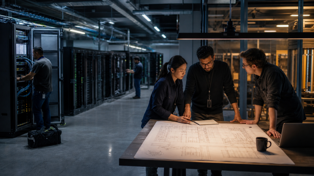 Engineers plan an expansion of production AI inference infrastructure beside server racks.