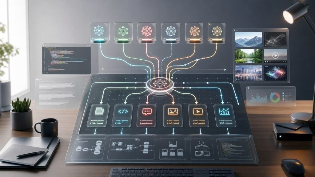 Editorial illustration of an AI model routing cockpit for choosing the best AI model API in 2026
