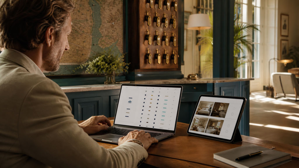 Boutique hotel manager comparing AI discovery signals with a room booking flow