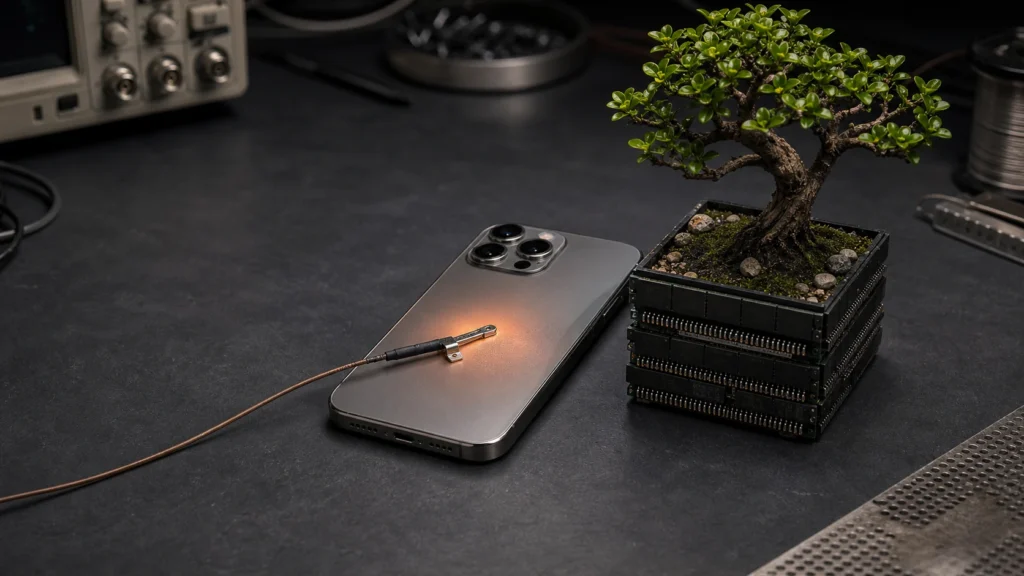 An iPhone-class phone under a thermal probe beside a bonsai planted in stacked memory chips