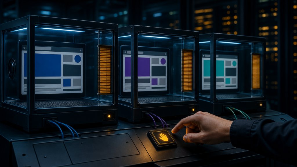 Operator approaches a human-handoff control beside three isolated browser sessions
