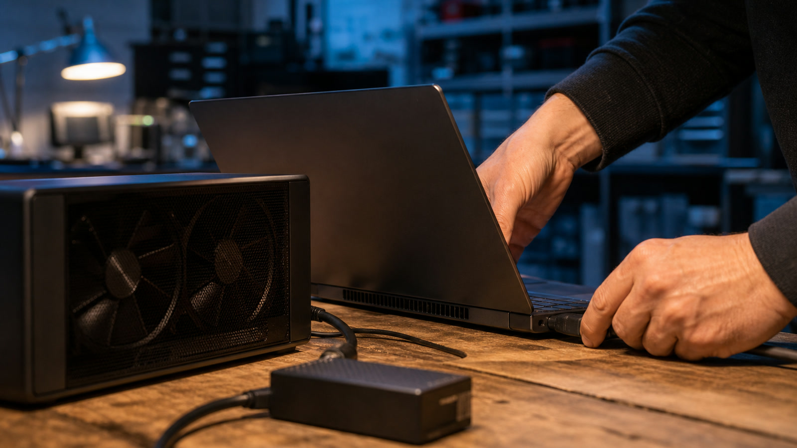 Technician connecting an unbranded laptop to an external GPU enclosure