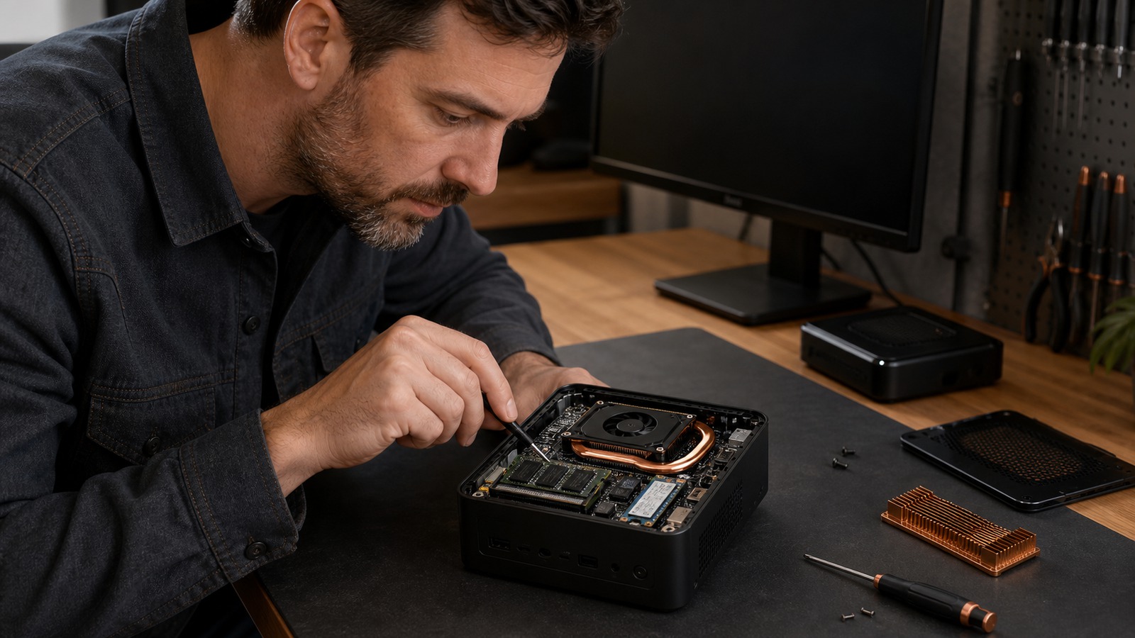 Technician examining the memory, storage and cooling inside a compact mini PC