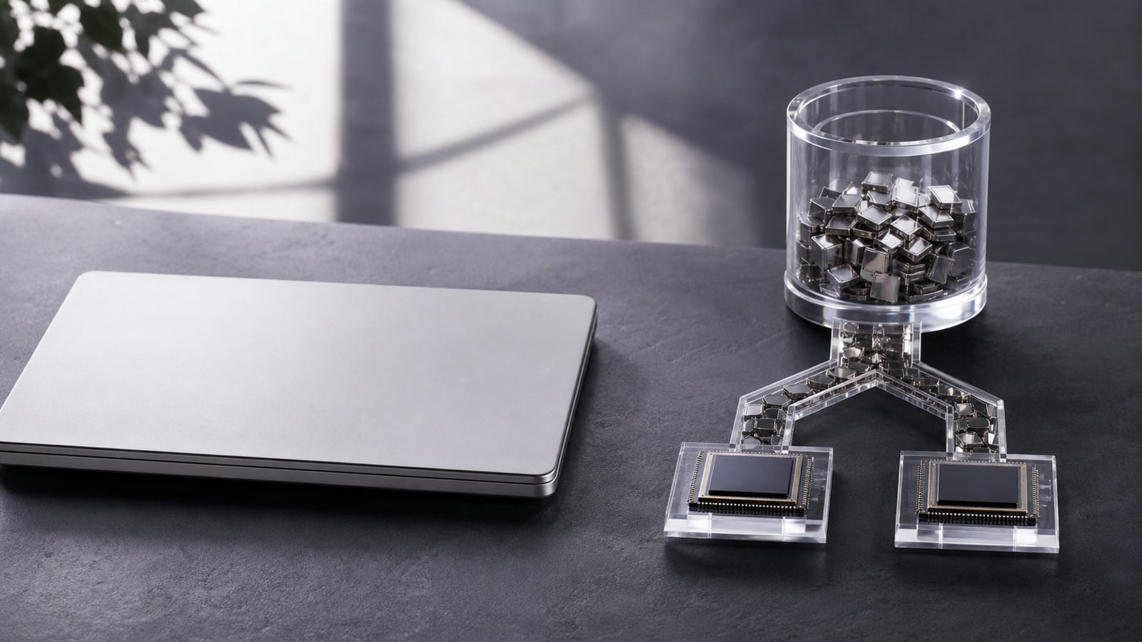 Editorial unified-memory concept beside an unbranded silver laptop