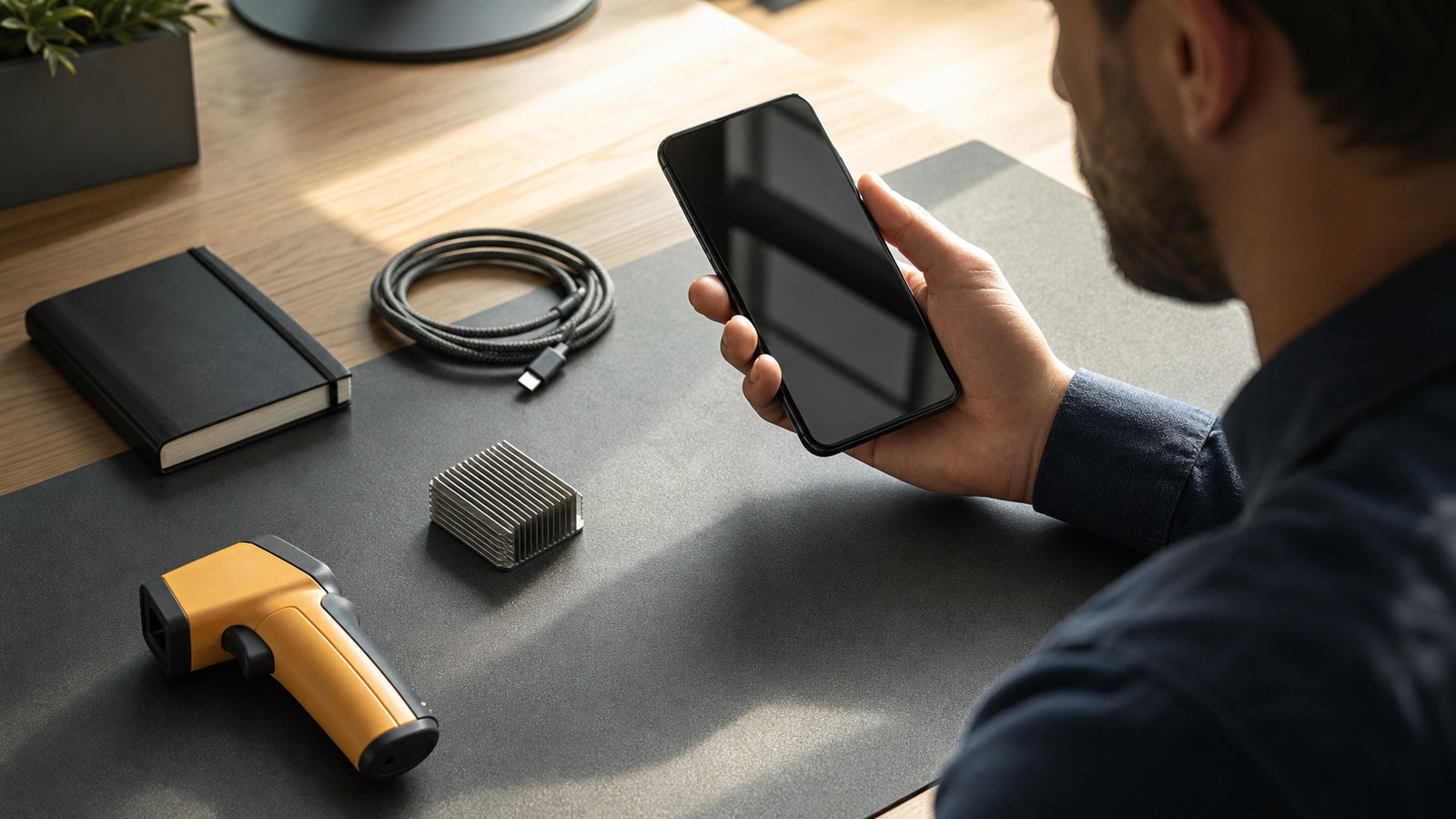 Developer evaluating phone heat and charging during an on-device AI test