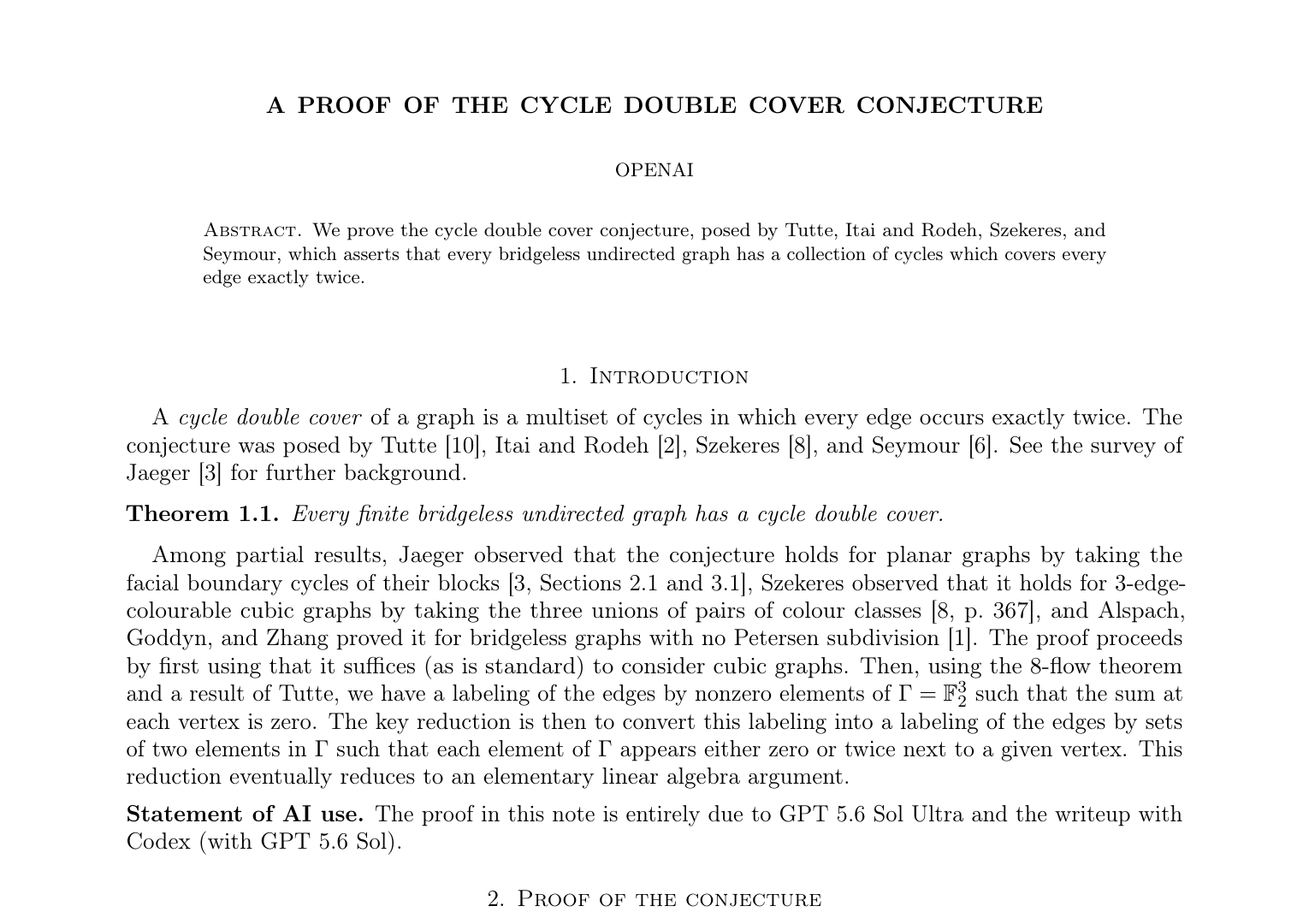 Excerpt from the first page of OpenAI's proposed proof of the Cycle Double Cover Conjecture, including its theorem statement and AI-use note.