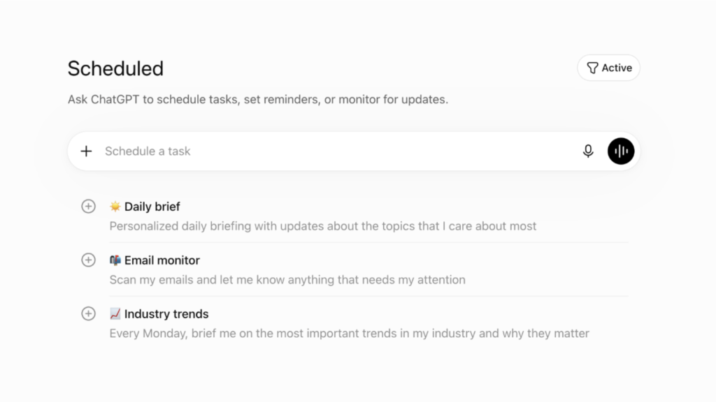 ChatGPT Scheduled page with task creation and monitoring examples