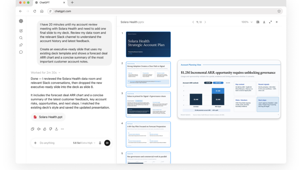 Official ChatGPT Work demonstration creating an executive presentation from connected account context