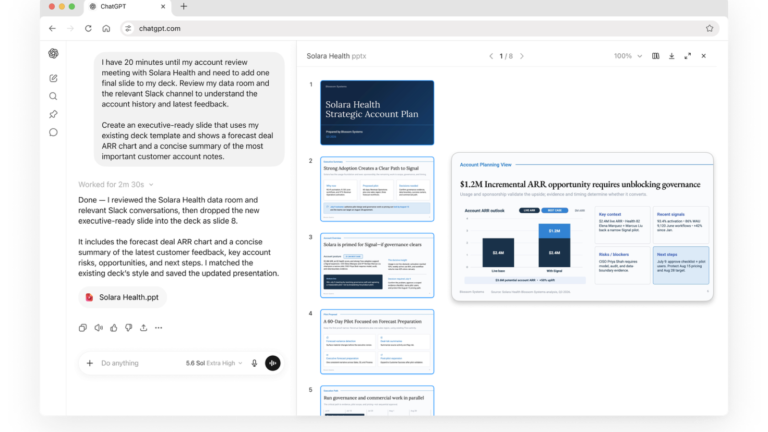 Official ChatGPT Work demonstration creating an executive presentation from connected account context