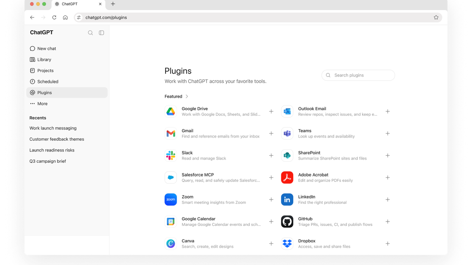 Official ChatGPT Work plugin directory with Google Drive, Gmail, Slack, SharePoint, Salesforce, Teams, and other connected tools