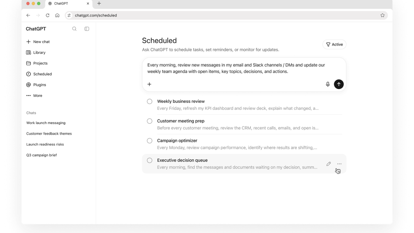 Official ChatGPT Work Scheduled Tasks screen with recurring business review and meeting preparation workflows