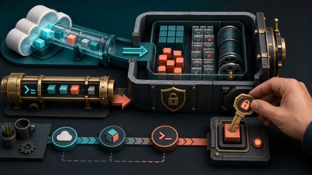 Hosted and local conduits feed CI evidence into a guarded operations archive