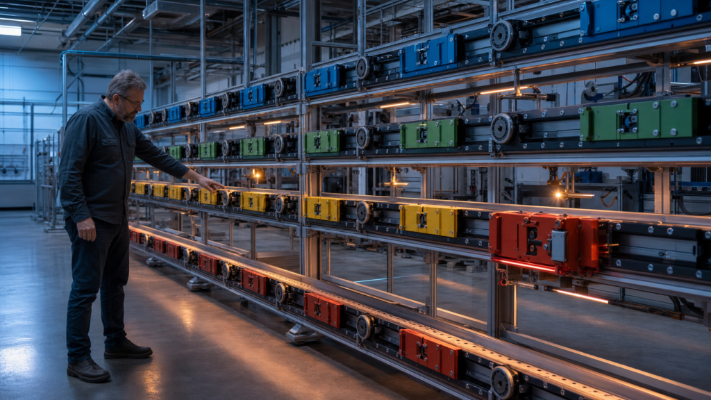 Release engineer inspecting distinct CI pipeline stages in a physical integration lab