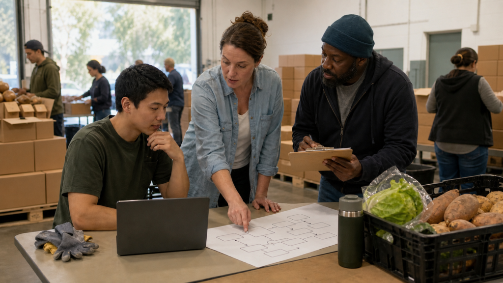 Early-career fellow and nonprofit supervisors review a food-bank process map