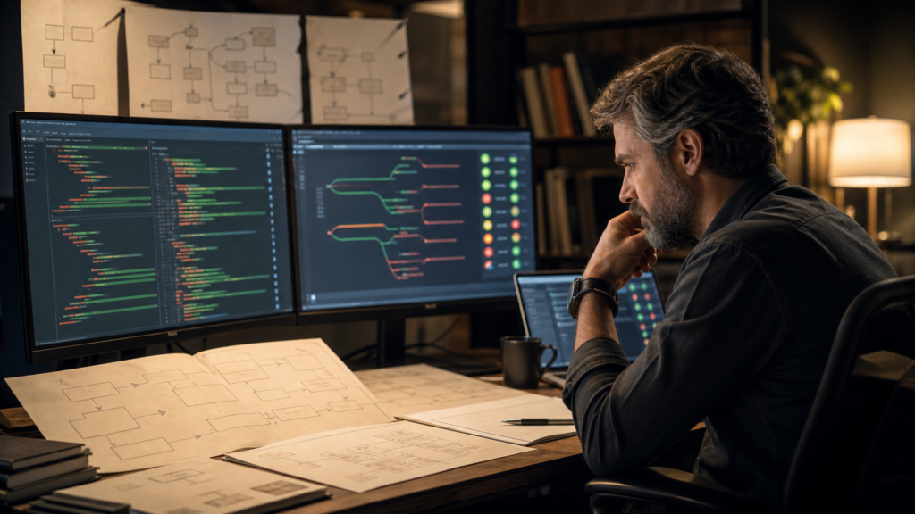 Software engineer reviewing a long-running codebase migration, test results and architectural changes