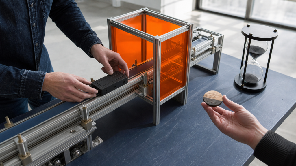 Temporary deployment moving through an orange claim gate while a person holds the ownership token