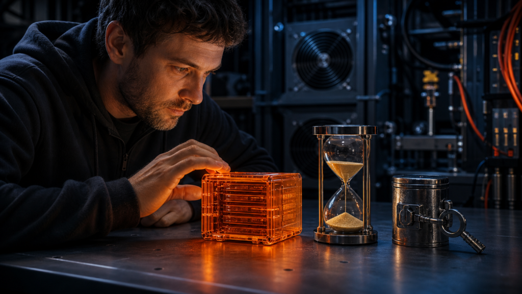 Developer examining an orange temporary deployment pod beside an hourglass and claim key